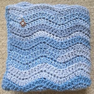 Handmade Blue Wave Crochet Cowl with Religious Pin Medal